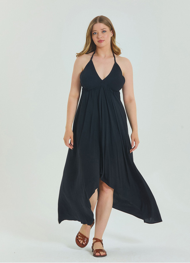 V Neck Backless Halter Neck Black Plus Size Dress 4663